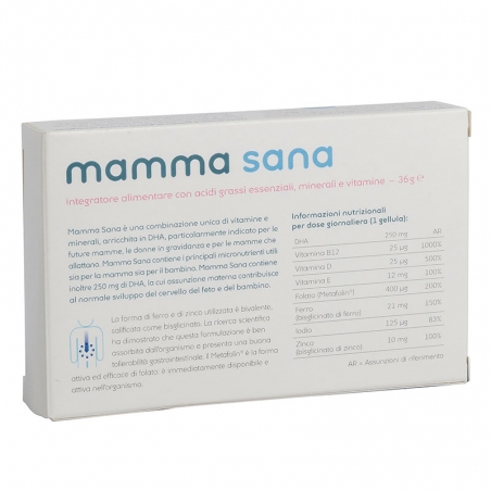 immagine della confezione integratore Mamma Sana, 30 cellule Metagenics, vista del retro e dei valori nutrizionali